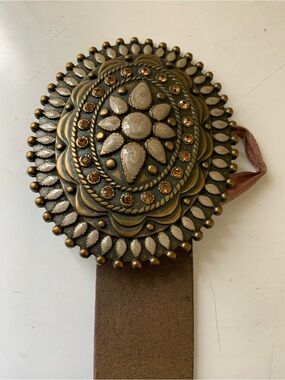 Retro Cowgirl Genuine Leather Belt Stone Metal Base Jeweled Buckle Size Large